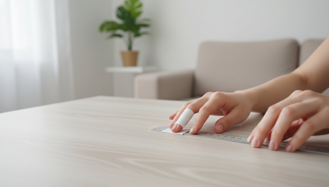 Measuring a finger for a ring size using simple home tools at a wooden desk