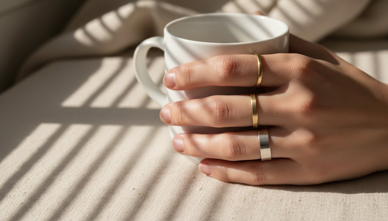 A person wearing multiple rings while holding a ceramic cup in natural morning light