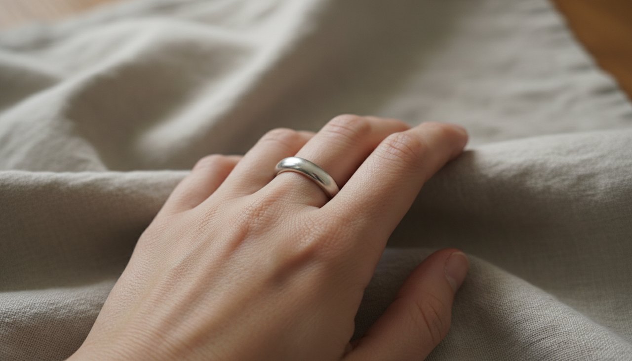 A simple ring being worn on a hand resting on linen fabric