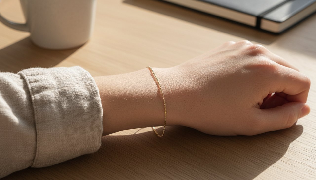 A delicate gold chain bracelet on a wrist, resting on a wooden surface
