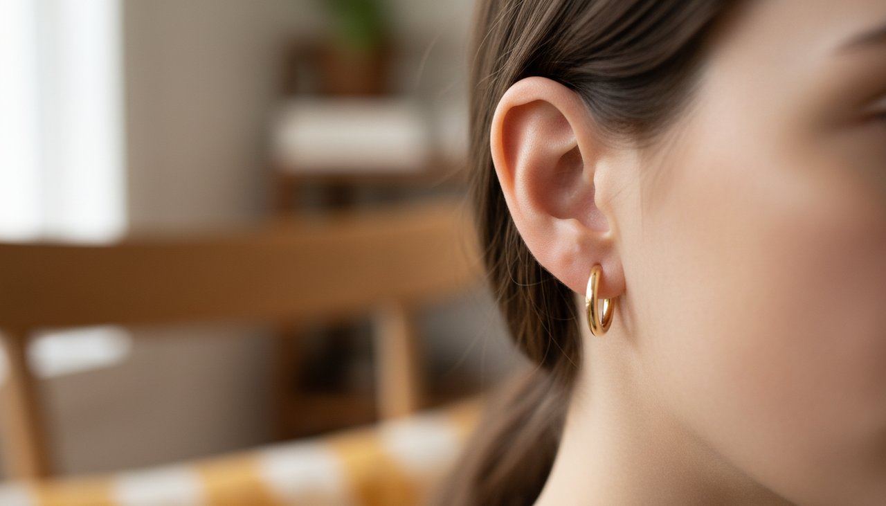 A close-up of gold huggie earrings with a hinged closure worn on an ear