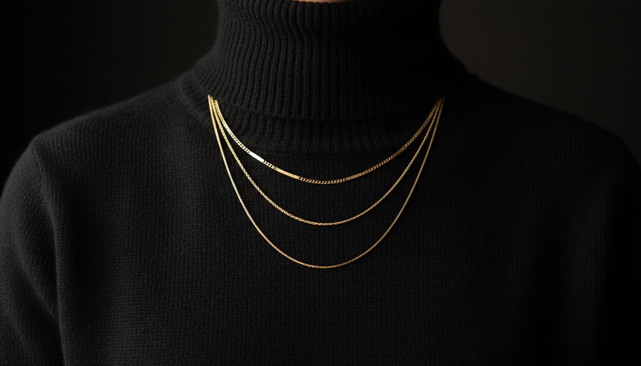 layered gold necklaces on a black top