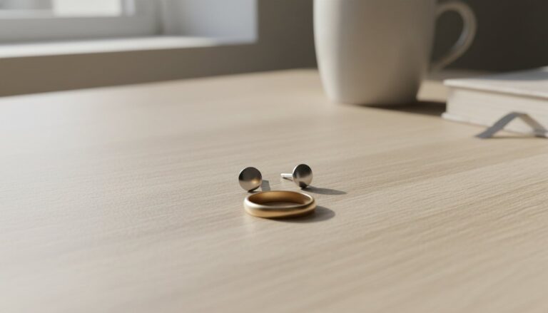 Simple titanium stud earrings and a plain gold band on a clean wooden surface