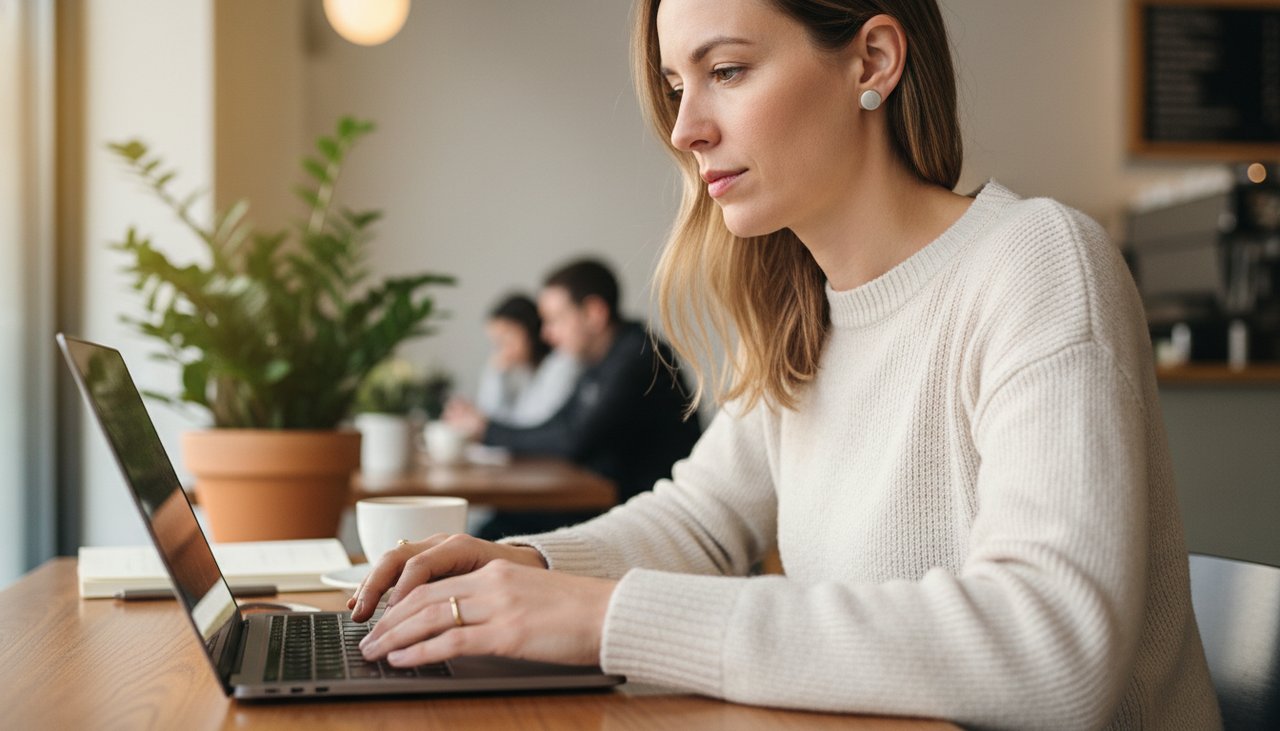 From Gym to Office Seamlessly A woman wearing simple earrings and a ring while working on a laptop at a cafe