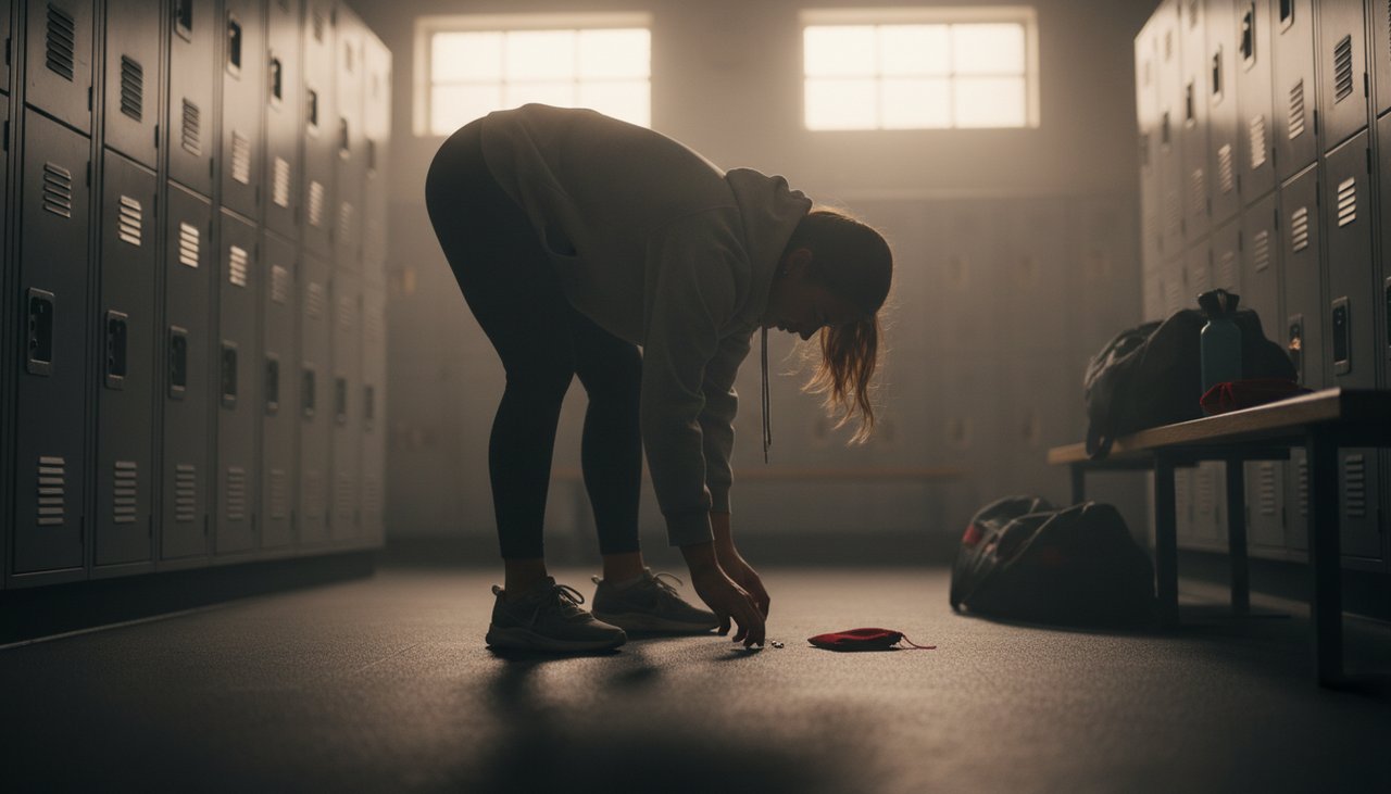 The Morning Jewelry Struggle A person in a gym locker room looking for a small earring on the floor in soft morning light