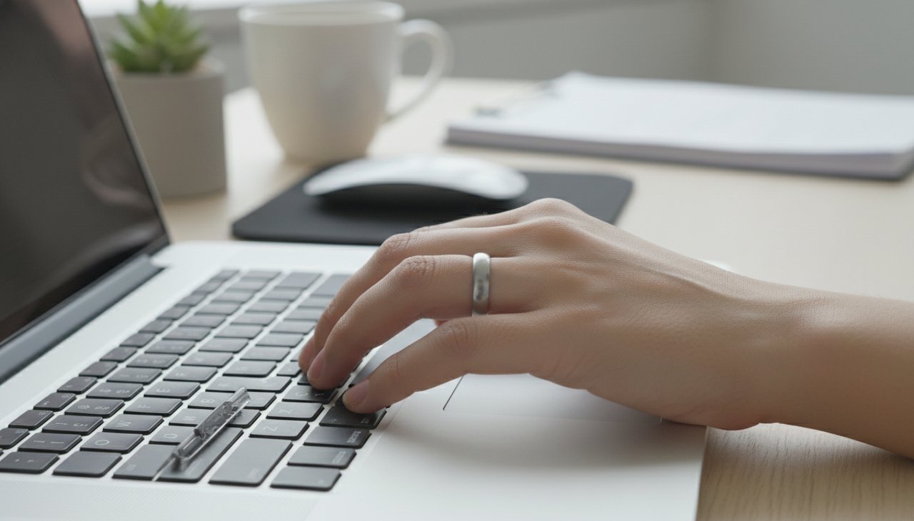 A brushed steel ring on a hand typing on a laptop keyboard