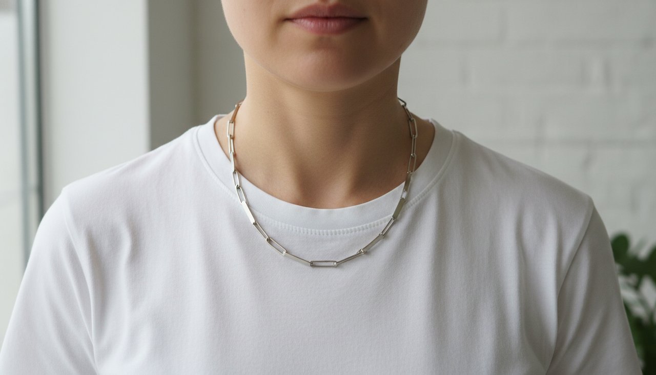 A flat link chain necklace worn with a casual white t-shirt