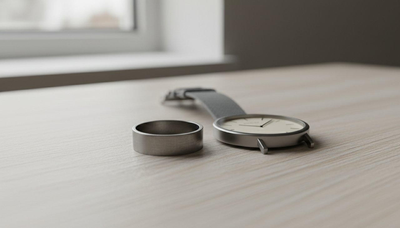 Matte steel jewelry reflecting soft ambient light in a home setting