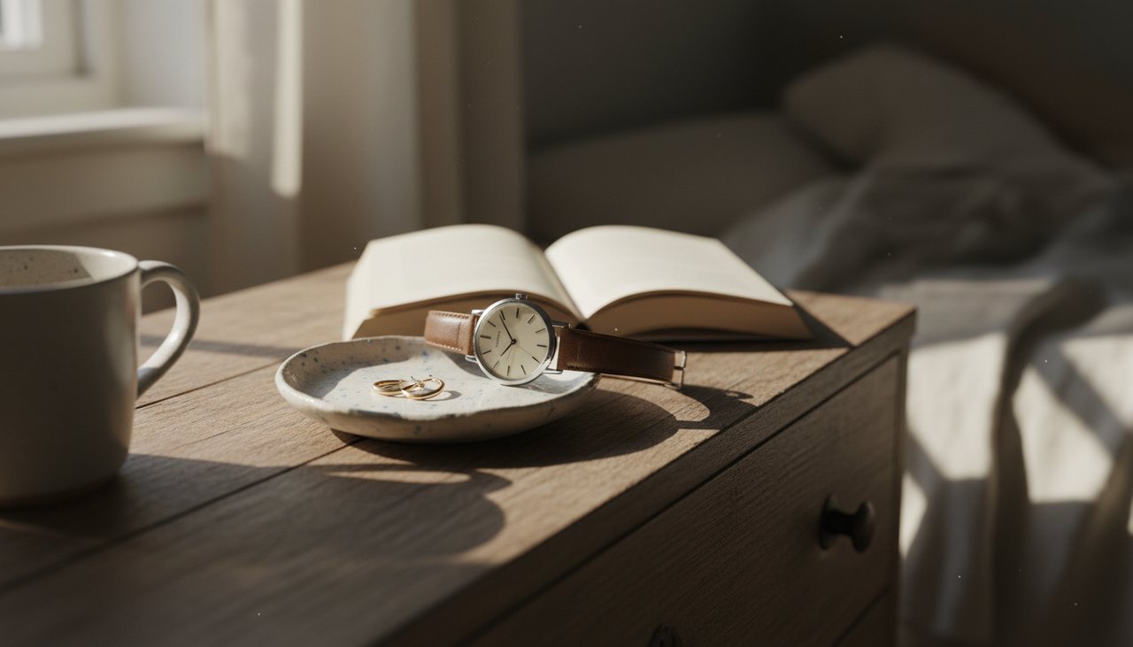 Optional Jewelry Finishing Touches – Sereniso Simple gold hoop earrings and a leather watch on a wooden dresser surface