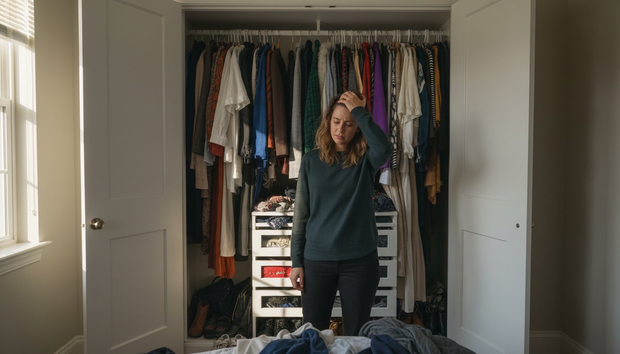 Wardrobe Overload – Sereniso A person looking at an overcrowded closet filled with various fabrics