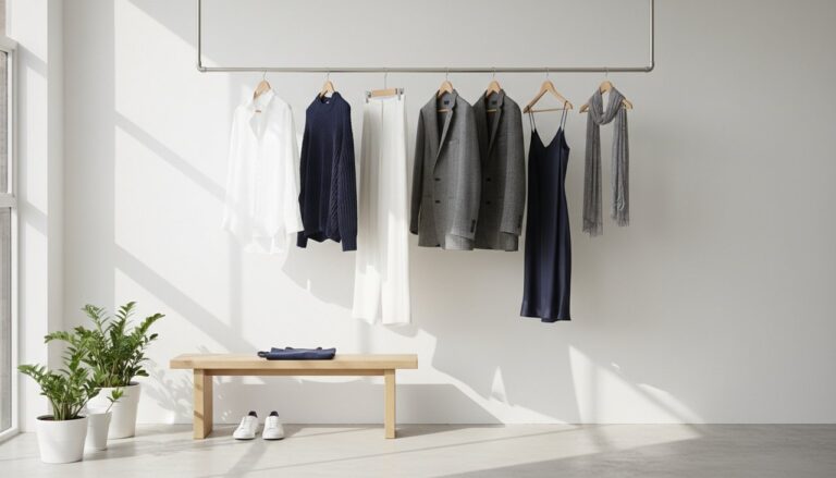 Neatly organized capsule wardrobe in neutral colors
