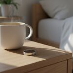 A silver ring on a wooden bedside table in soft morning light