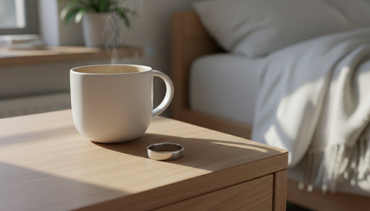 A silver ring on a wooden bedside table in soft morning light