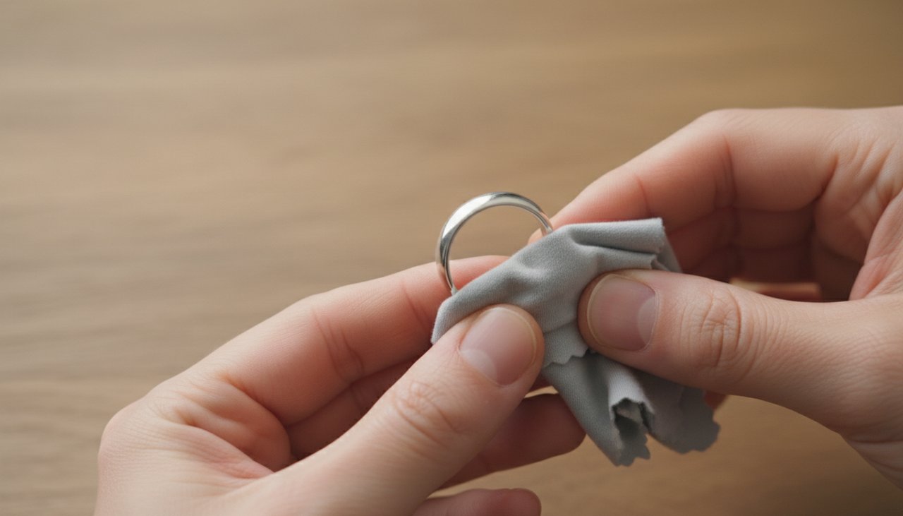 A hand wiping a silver band with a soft polishing cloth