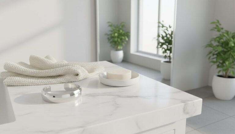 A silver bracelet placed on a clean marble bathroom counter next to a soft towel