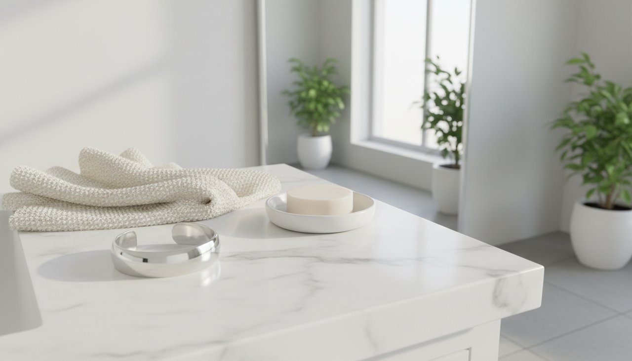 A silver bracelet placed on a clean marble bathroom counter next to a soft towel