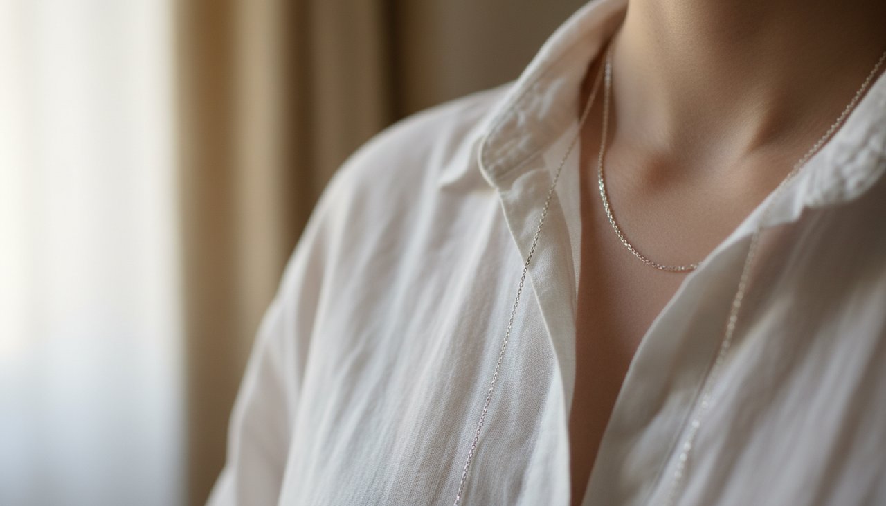 Close-up of a silver necklace resting against a white linen shirt