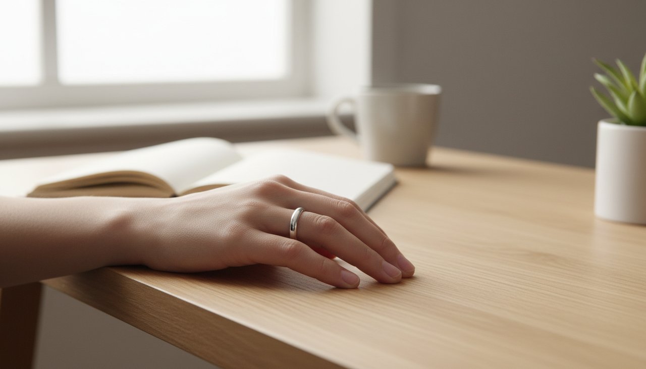 A person wearing a simple silver ring while working at a light wood desk