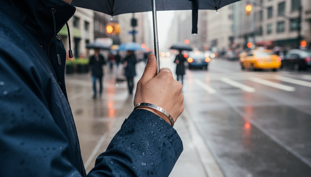 A person wearing a steel cuff while walking in the city on a rainy day
