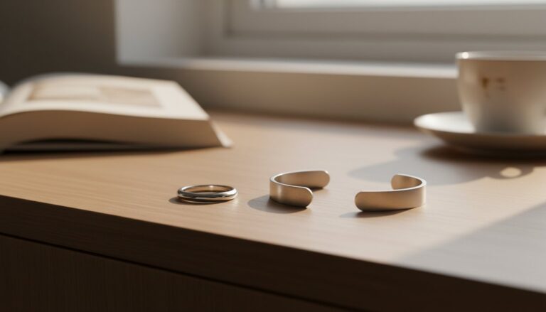 A silver ring and a stainless steel cuff on a wooden dresser in morning light