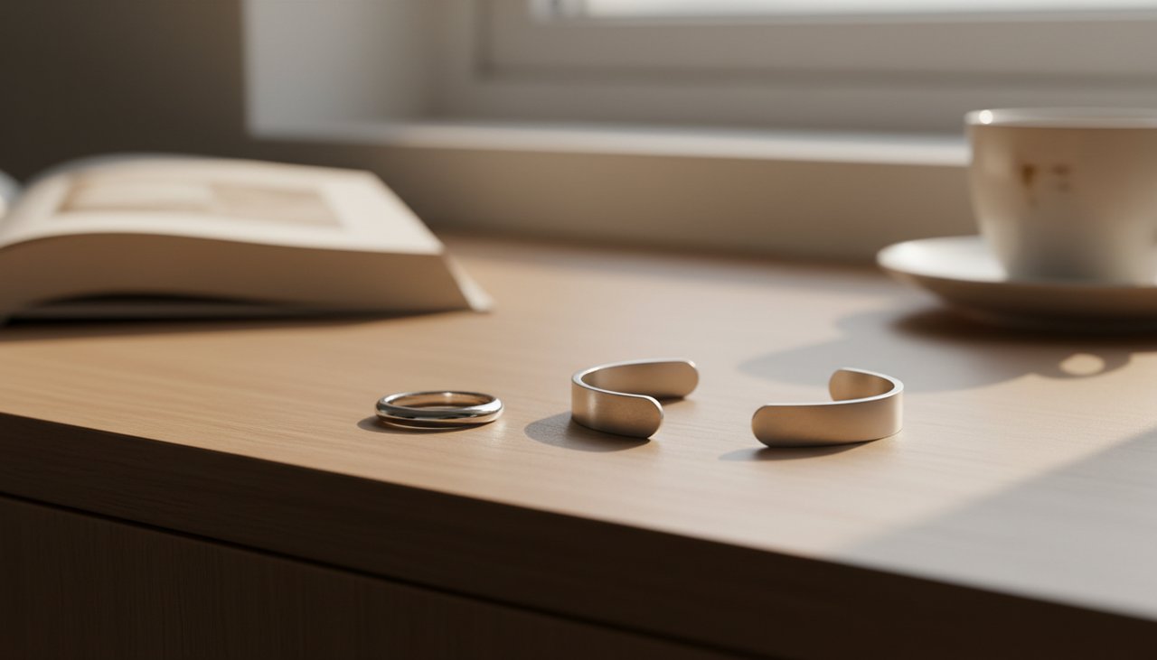 A silver ring and a stainless steel cuff on a wooden dresser in morning light