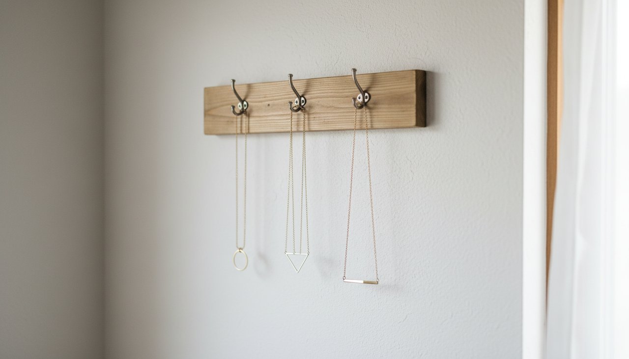Vertical Jewelry Storage – Sereniso Minimalist wall-mounted jewelry hooks with necklaces hanging vertically
