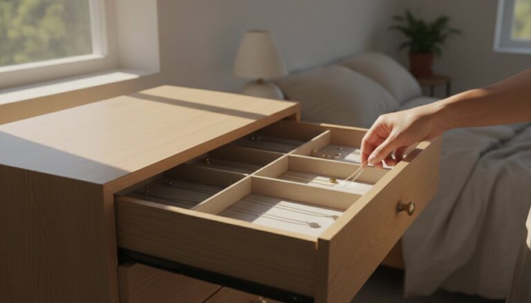 A simple jewelry drawer with organized necklaces in a natural light setting