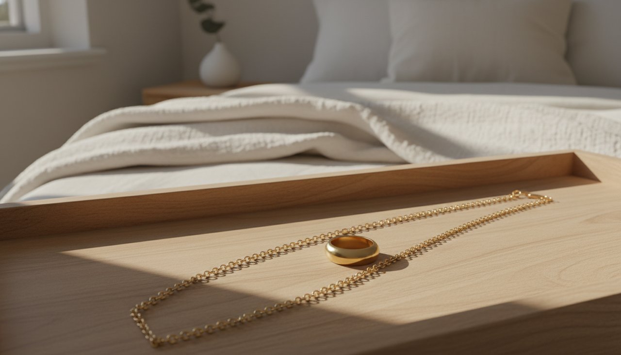 Simple gold necklace and rings resting on a wooden tray with soft morning light