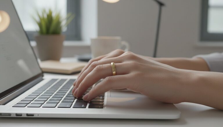 A hand with a flush geometric ring typing on a laptop keyboard
