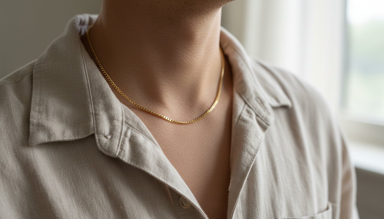 Close-up of a person wearing a gold chain necklace with a linen shirt