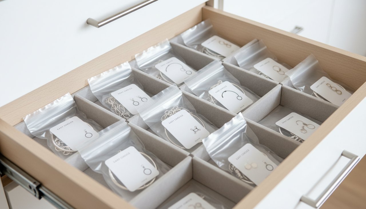 Silver jewelry stored in small airtight bags inside a drawer