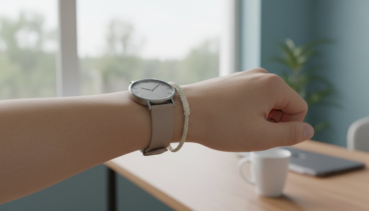 A wristwatch paired with a soft cord bracelet to prevent scratches