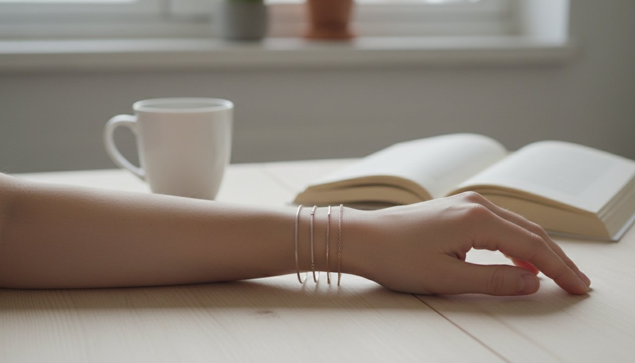 A person’s arm showing the one-third jewelry stacking rule with plenty of skin visible