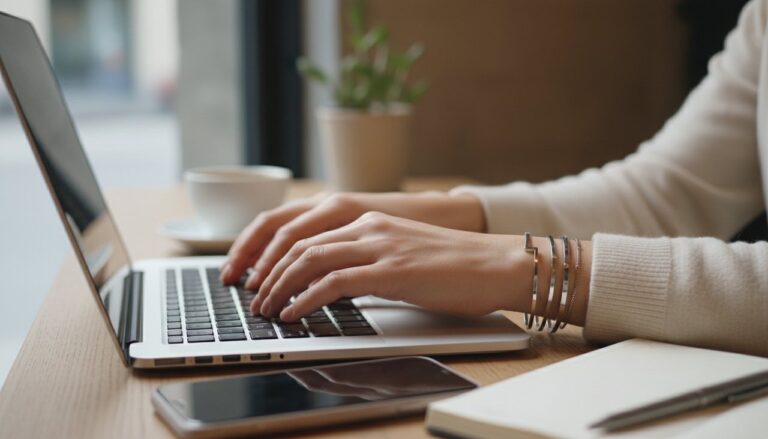 A close-up of hands typing on a laptop with simple bracelets reflecting soft cafe light