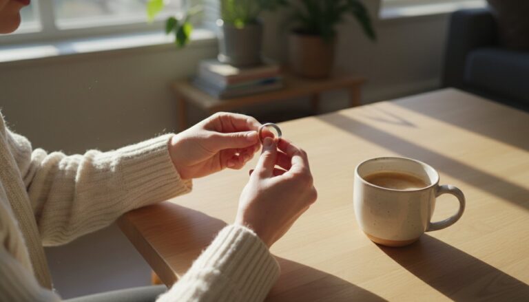 Everyday jewelry maintenance at home with a coffee cup and natural light