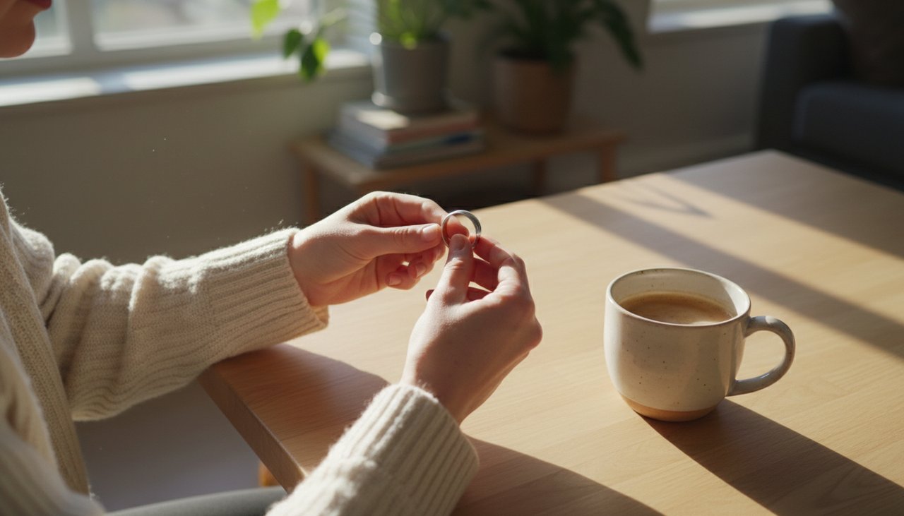 Everyday jewelry maintenance at home with a coffee cup and natural light