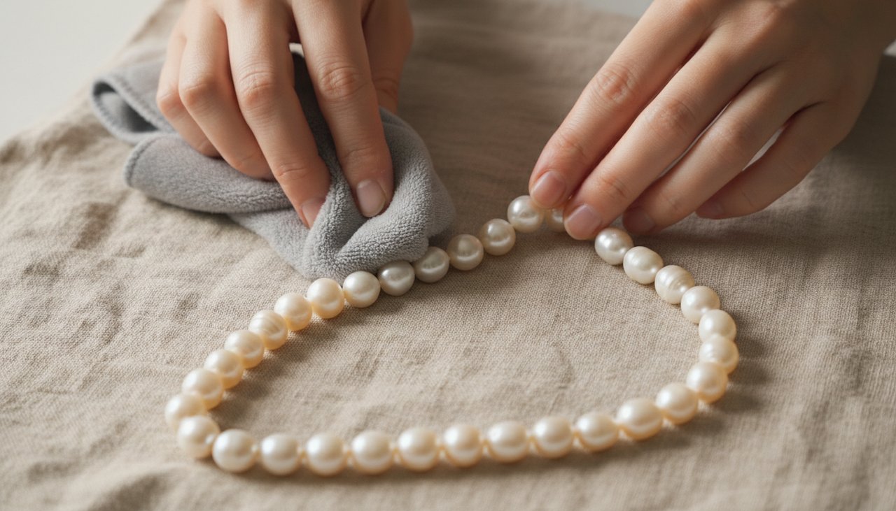 Gently wiping a pearl necklace with a soft microfiber cloth