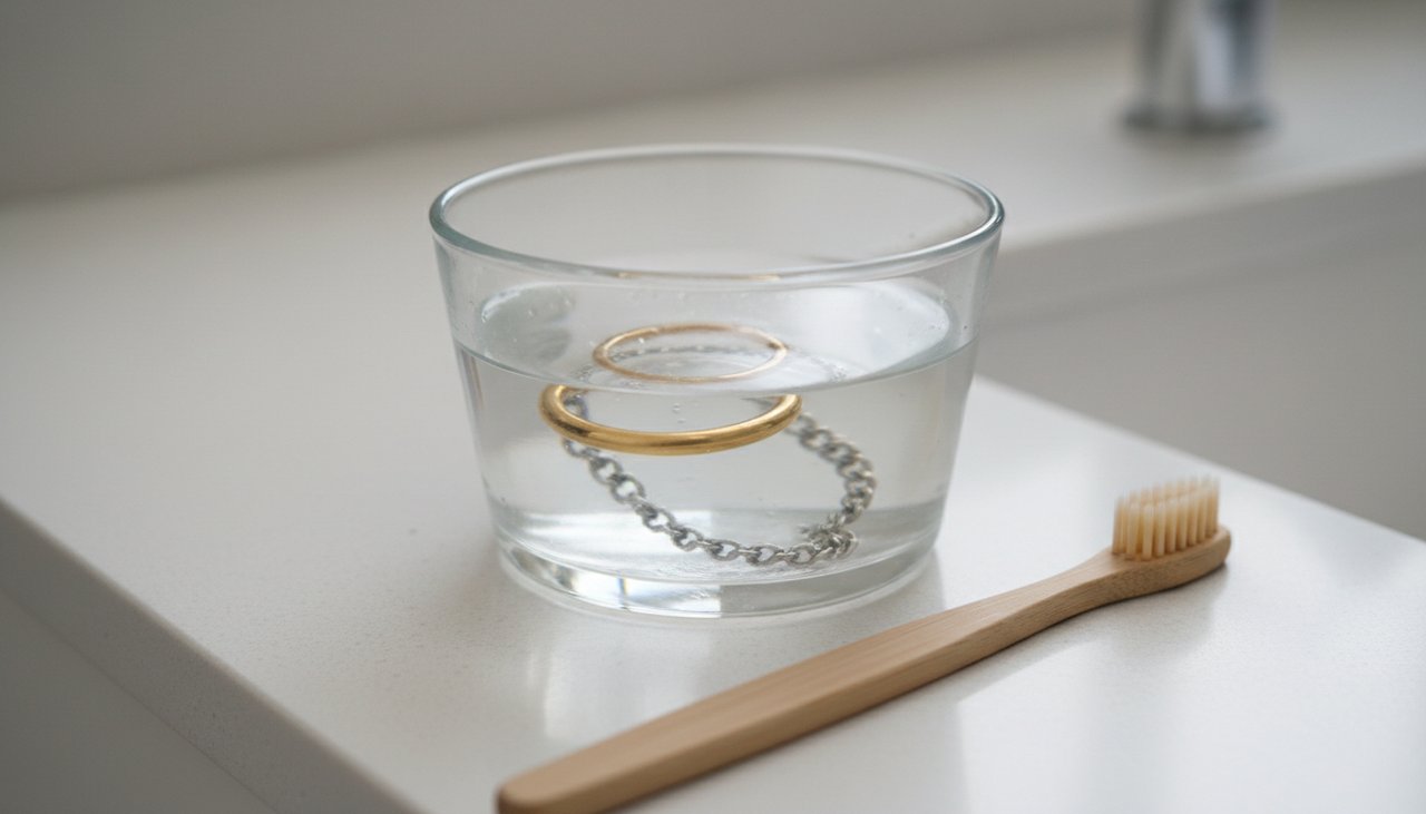 A small glass bowl with soapy water and a soft toothbrush for jewelry cleaning