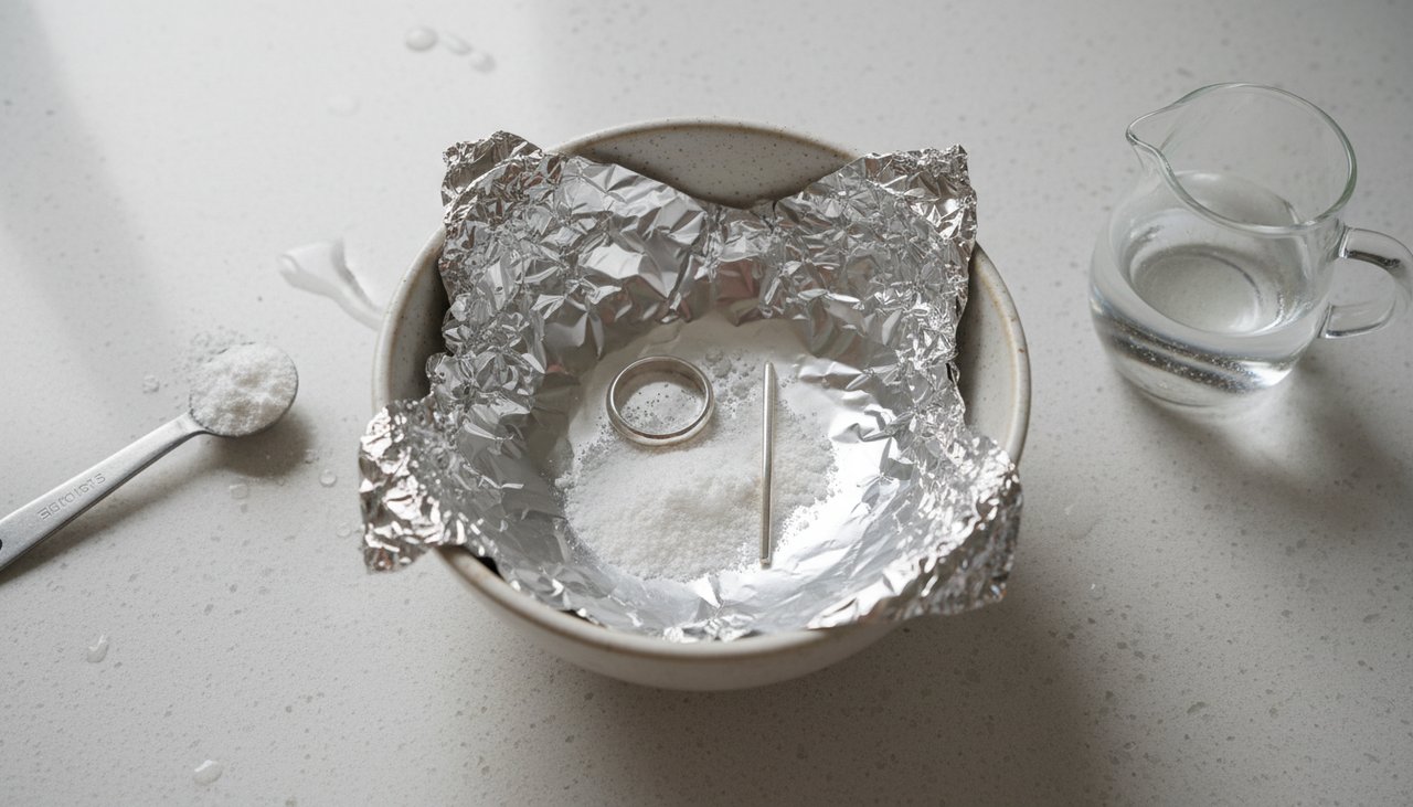 Aluminum foil lined bowl used for silver jewelry cleaning