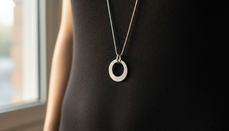 A minimalist silver pendant necklace against a black dress in natural sunlight