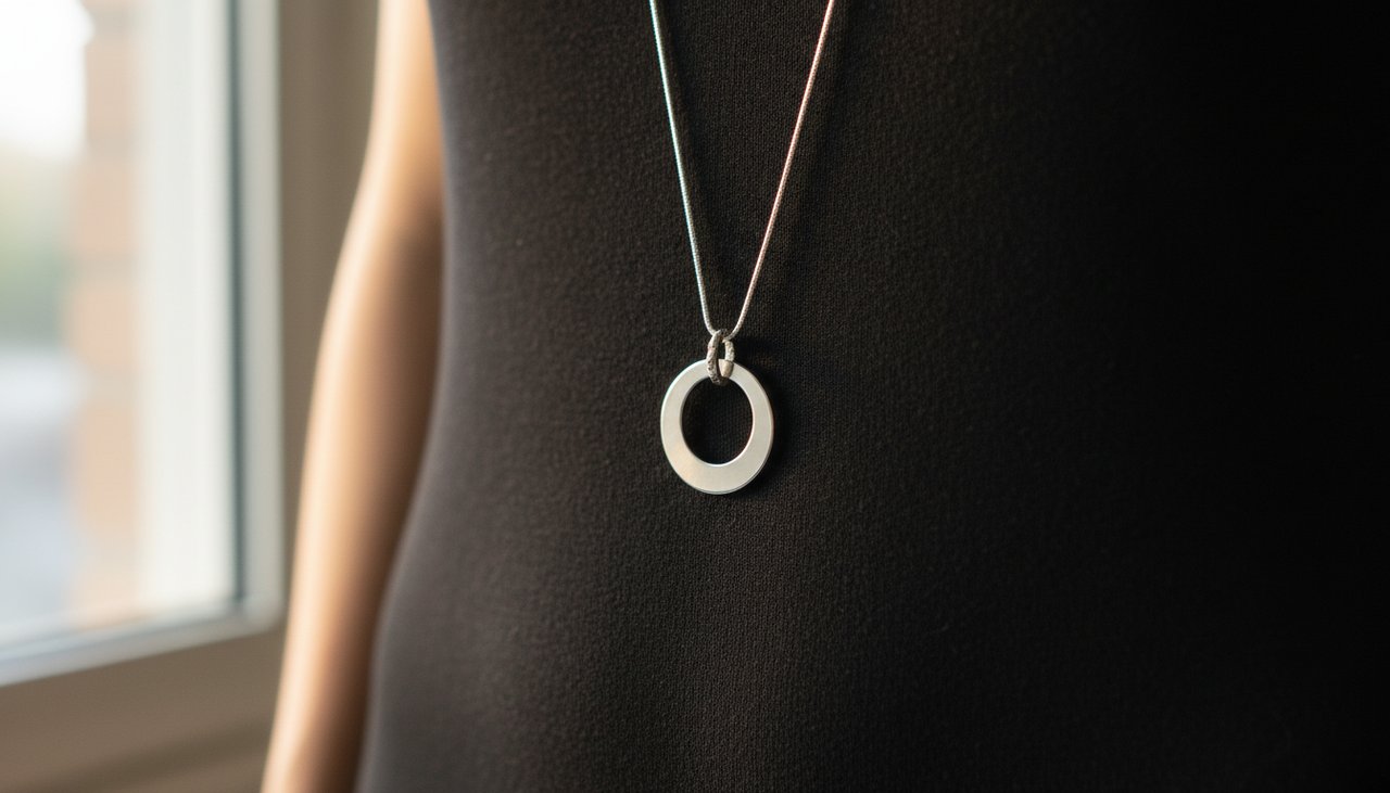 A minimalist silver pendant necklace against a black dress in natural sunlight